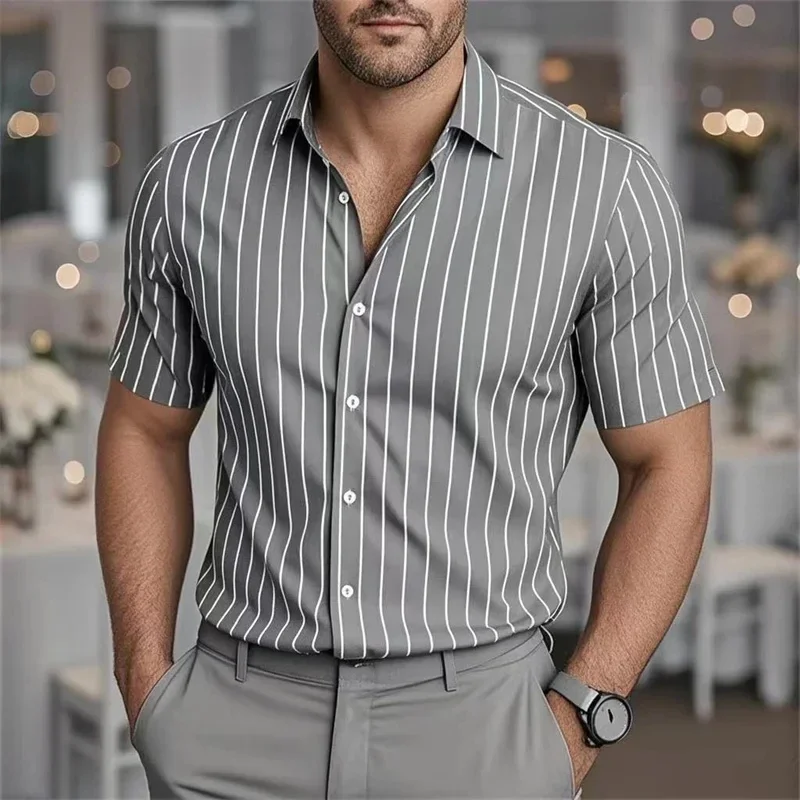 

Men's Fashion Striped Loose Short Sleeve Shirt Casual Breathable Lapel Button Shirt Soft and Comfortable Festival Top