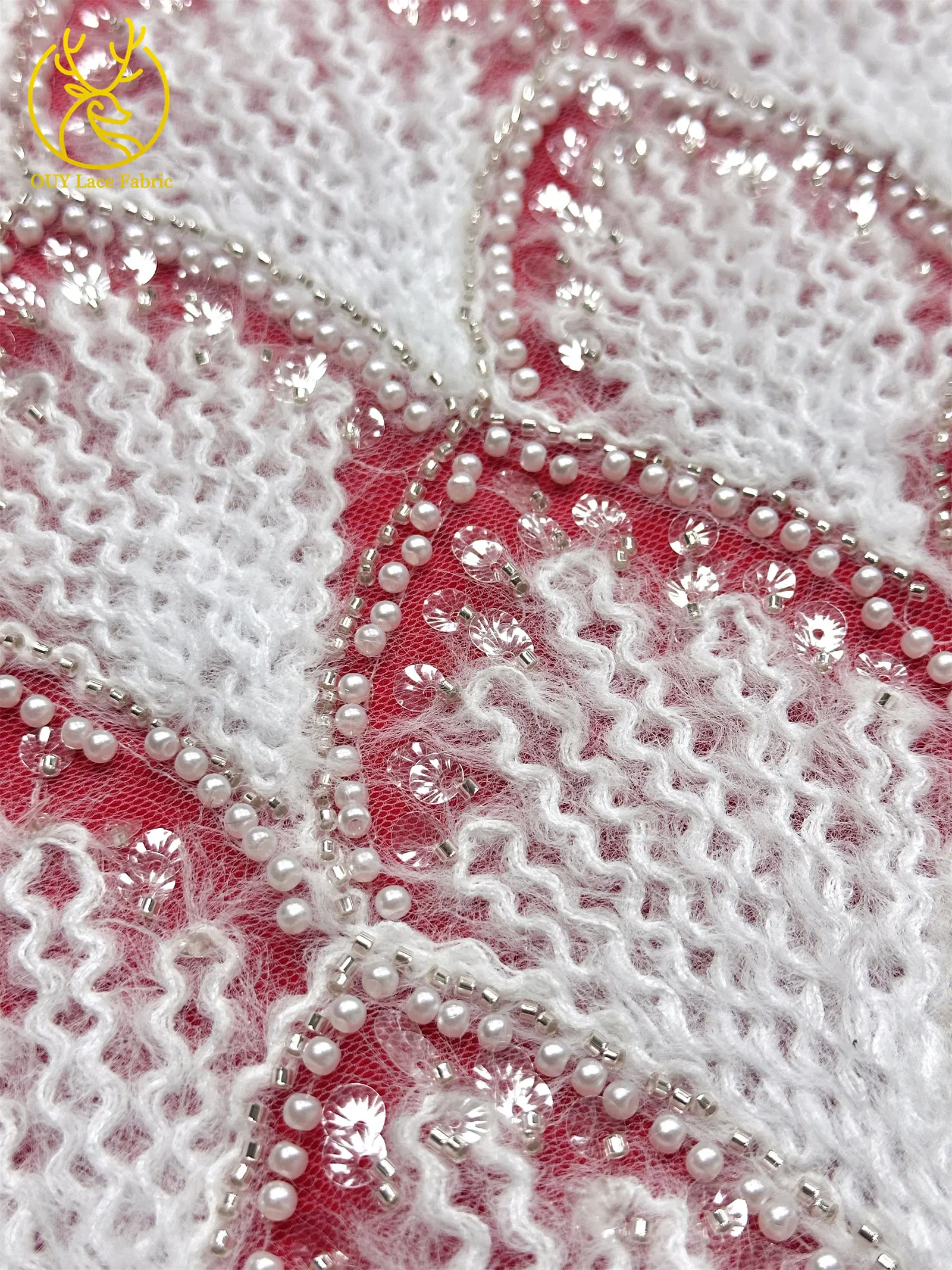Hochwertiger 3D Nigerianischer Pailletten-Tüll-Spitzenstoff, 5 Yards, afrikanischer handgefertigter Perlen-Spitzenstoff für Damen-Partykleider zum Nähen – Detail 13