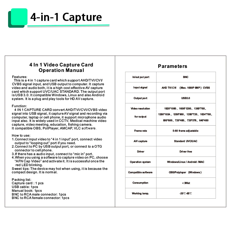 4 in 1 capture device Multi-Signal Video recording Capture Card – USB 3.0 High-Speed Device for AHD,CVBS,TVI,CVI HD Recording