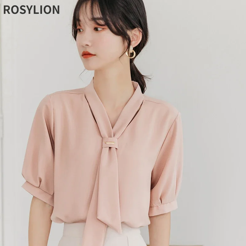 

Girls Sweet Cute White Yellow Pink Blouse Short Sleeve Elegant Streetwear Women Loose Summer V-neck Chiffon Shirt Top Xxl