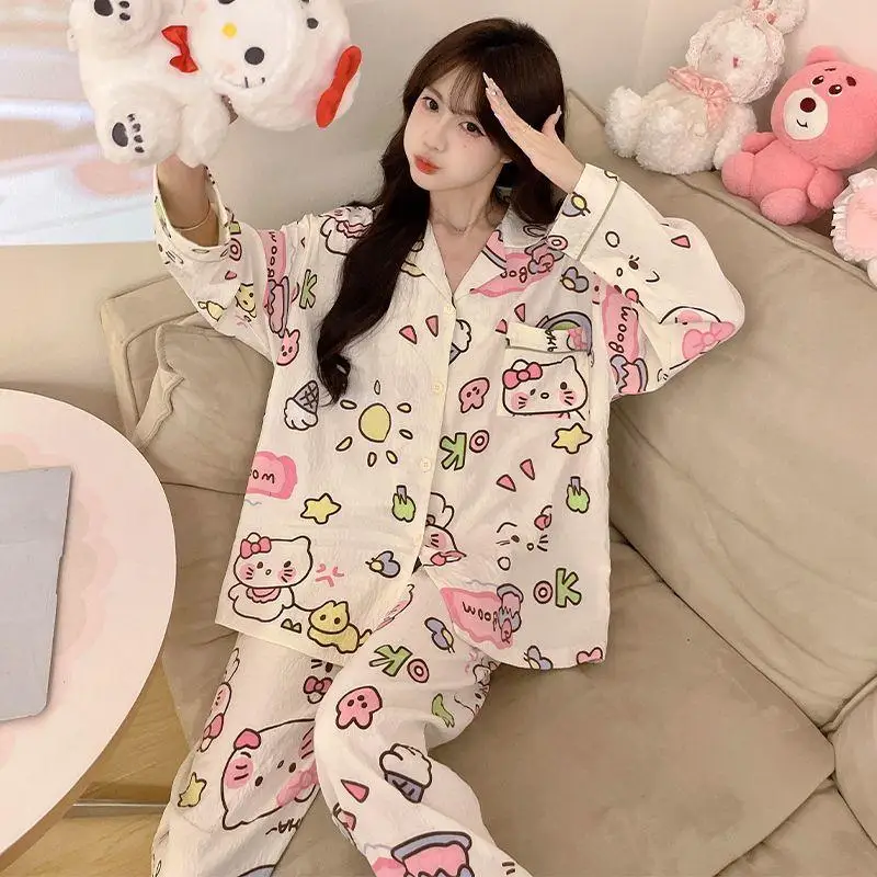 2 قطعة بيجامة سانريو Kawaii مرحبا كيتي الصيف طويلة الأكمام بنطلون فضفاض مريح عادية الكرتون الراقية الهدايا