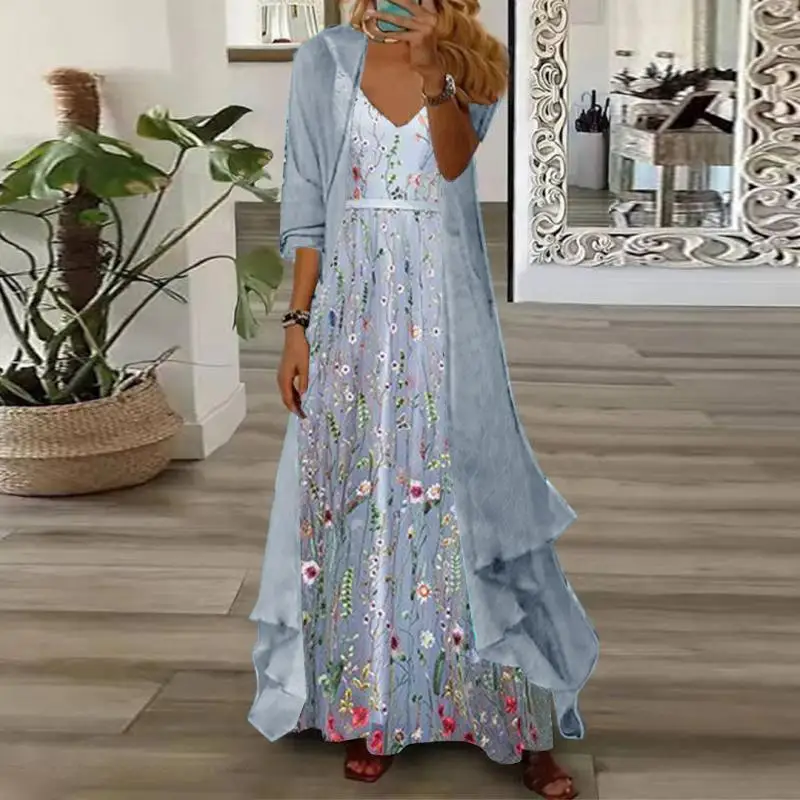 Plus Size Women's Long Sleeve V-neck Floral Printed Two Pieces Maxi Dress