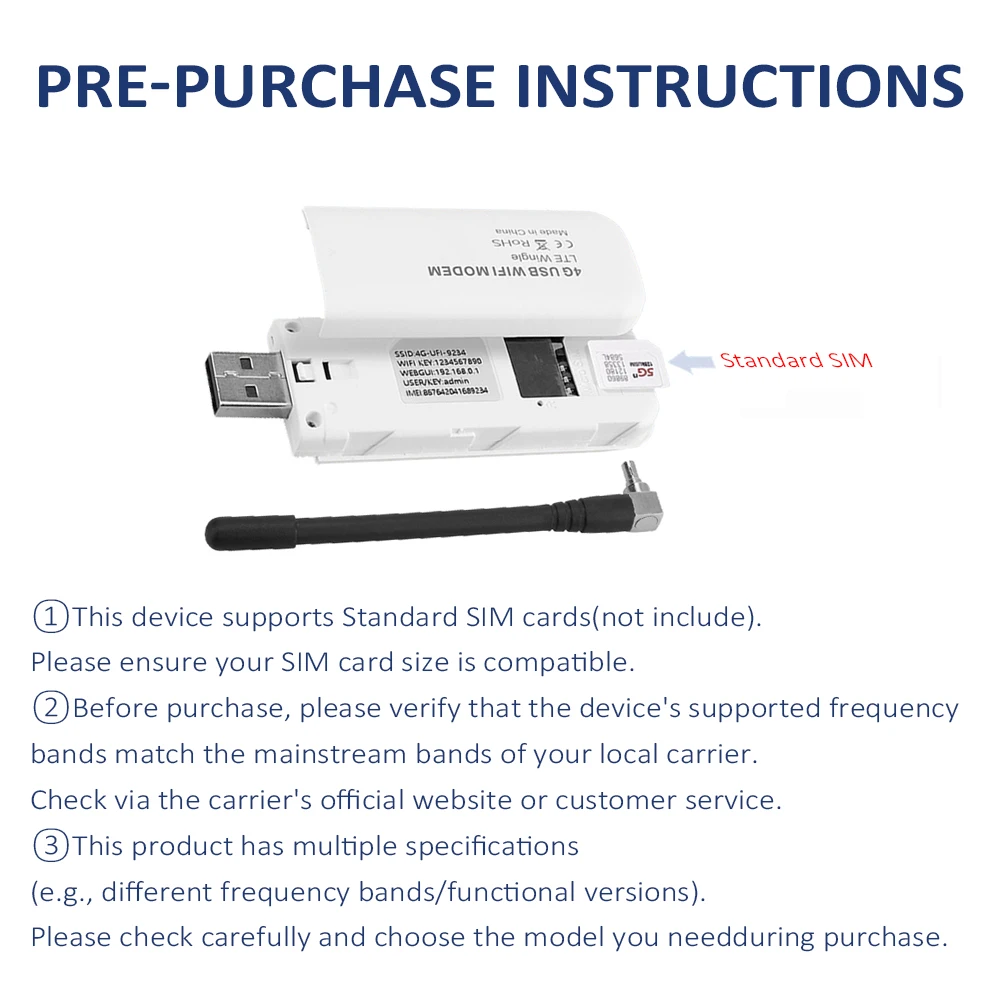 TIANJIE 4G مودم USB مع نقطة اتصال واي فاي فتحة بطاقة SIM موزع إنترنت واي فاي هوائي قابل للفصل ، 150Mbps عالية السرعة الإنترنت USB واي فاي دونغل