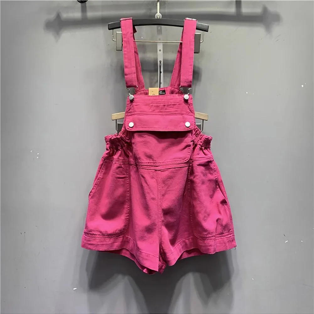 

Women Pink Denim Straps Shorts Summer Fashion Pocket Design Wide Leg Pants Jumpsuit Female Casual Loose Jeans Playsuits