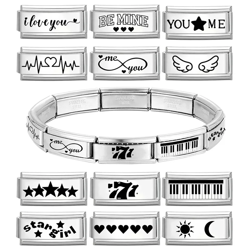 2025 Laser Engraving 777 Stars Love Heart Piano Italian Charm Links Fit 9mm Bracelet Stainless Steel Men Women DIY Making Gifts