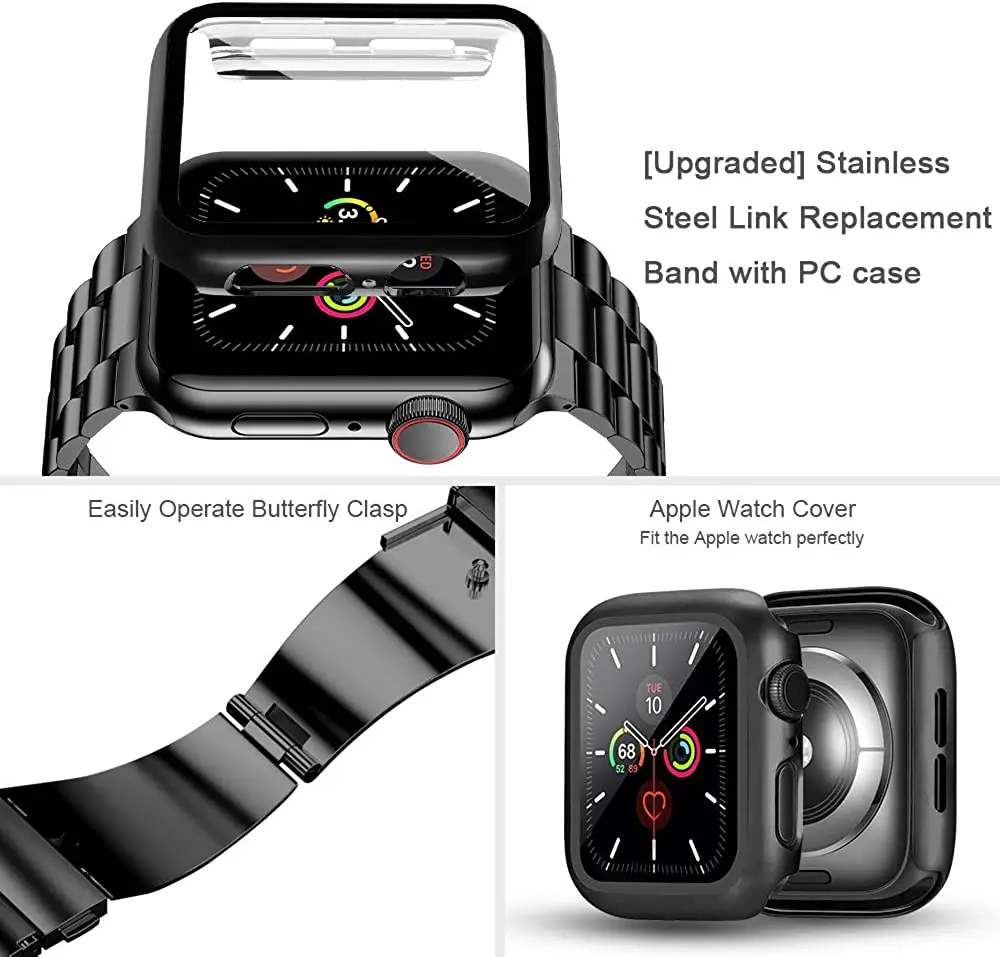 สายโลหะ + เปลือกป้องกัน casing PC สำหรับนาฬิกา Apple 8 7 45มม. 41มม. สายรัดข้อมือสแตนเลส iWatch 6 5 4 3 SE 44มม. 40มม. 42มม.