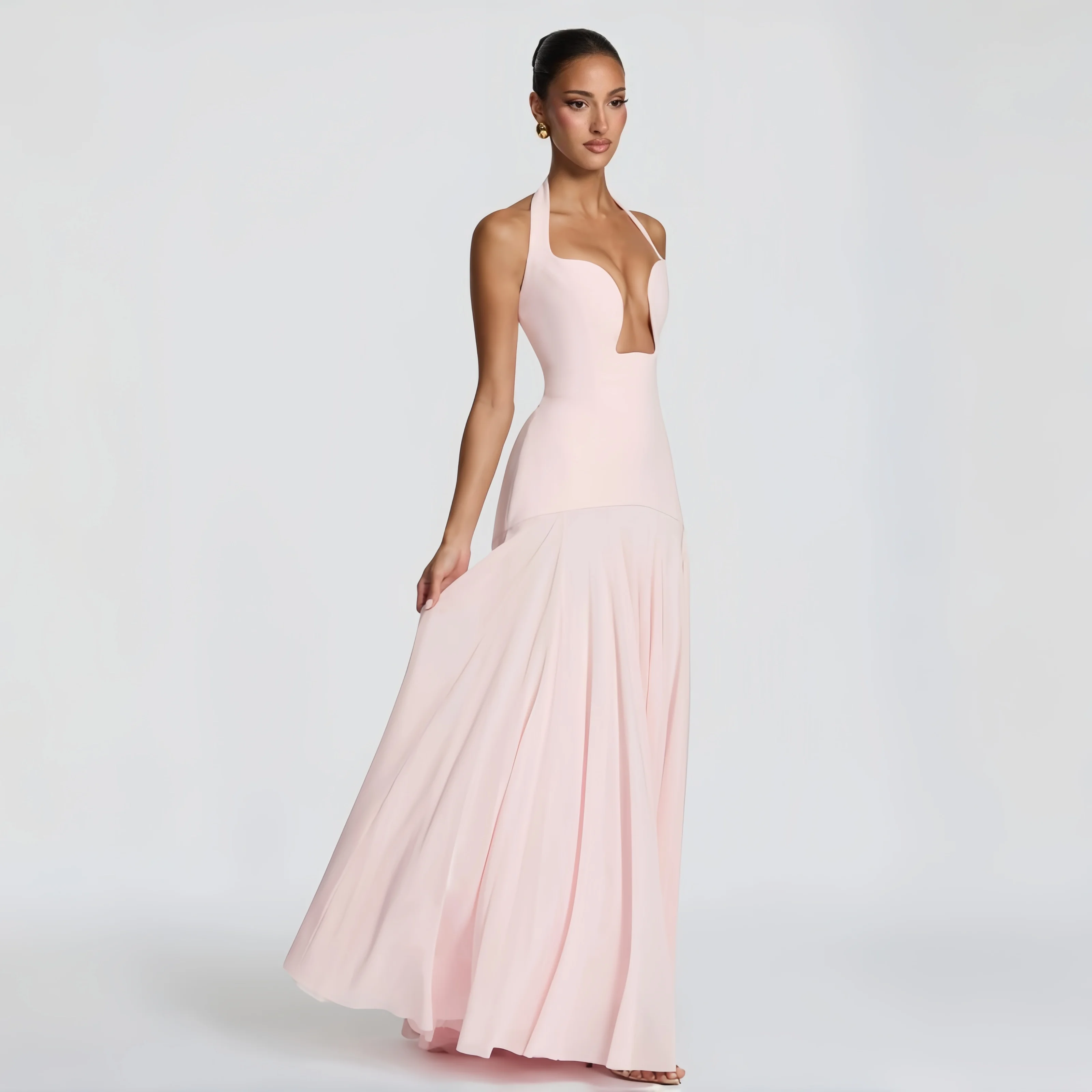 

New Pink Halter Evening Dress Deep V Neck Hollow Out Slimming Long Dress Elegant Celebrity Birthday Party Banquet Bridesmaid