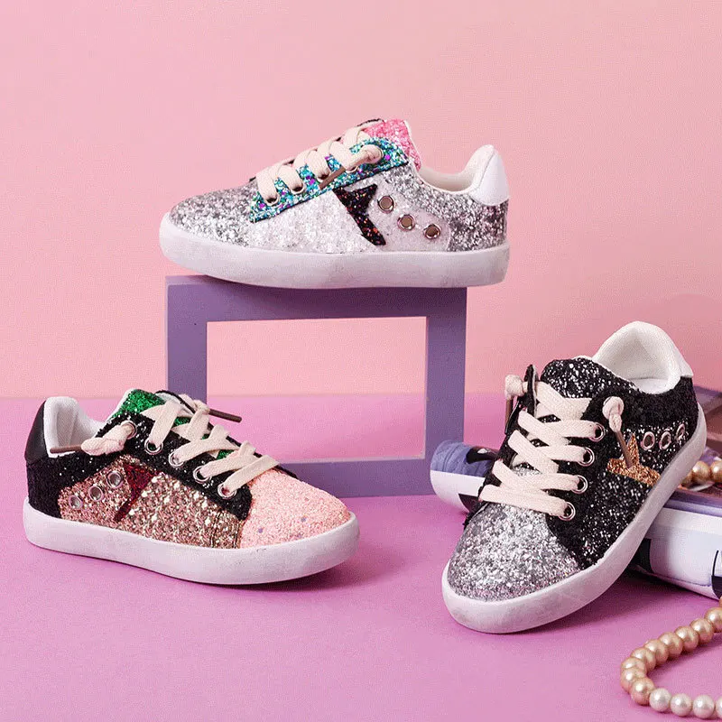 

New Kids Fashion Sparkle Sequin Sneakers Boys Girls Flat Running Star Shoe Toddler Star Glitter Low-top Casual Board Shoes XZ001