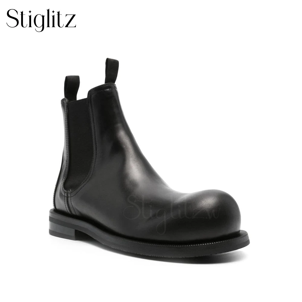 Bulb Toe Leather Booties for Men Black Leather Stretch Boots Slip-On Elastic Strap Ankle Boots Custom Color Designer Style Shoes