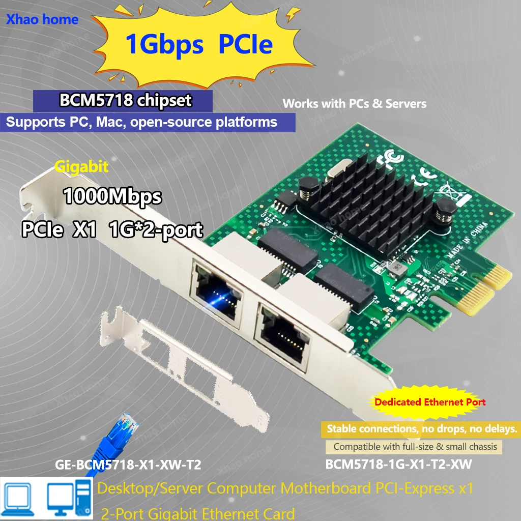 

Двухпортовая сетевая карта Gigabit PCI-E X1 для сервера/ROS-маршрутизатора Чип BCM5718 Ethernet-адаптер 1000 Мбит/с для Linux/Windows