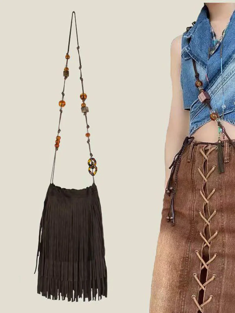 

Fashion Soft Velvet Frosted Tassel Bag for Women with Drawstring Bucket One Shoulder Straddle Bag