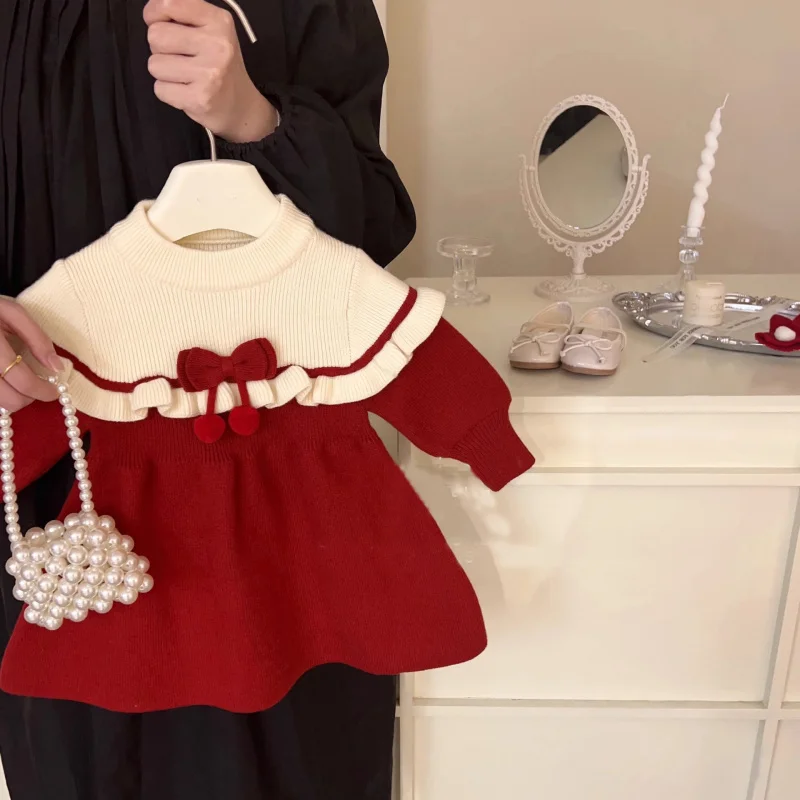 

Girl's Sweater Skirt Spring and Autumn2024New Western Style Baby Girl Knitted Dress Children Red Princess Dress