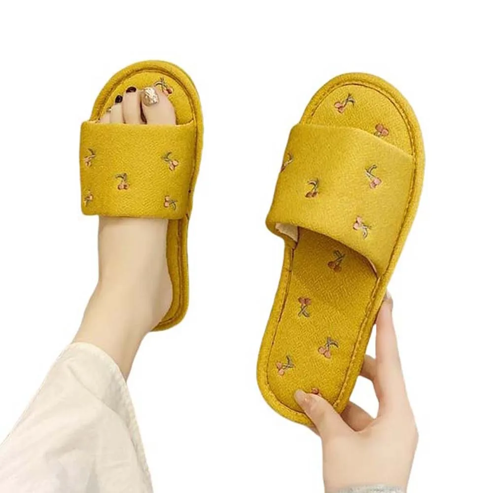 

Хлопковые льняные тапочки с рисунком вишни, тапочки с плоской подошвой, вишневые тапочки с фруктами вишни, нескользящие корейские шлепанцы на платформе, сандалии