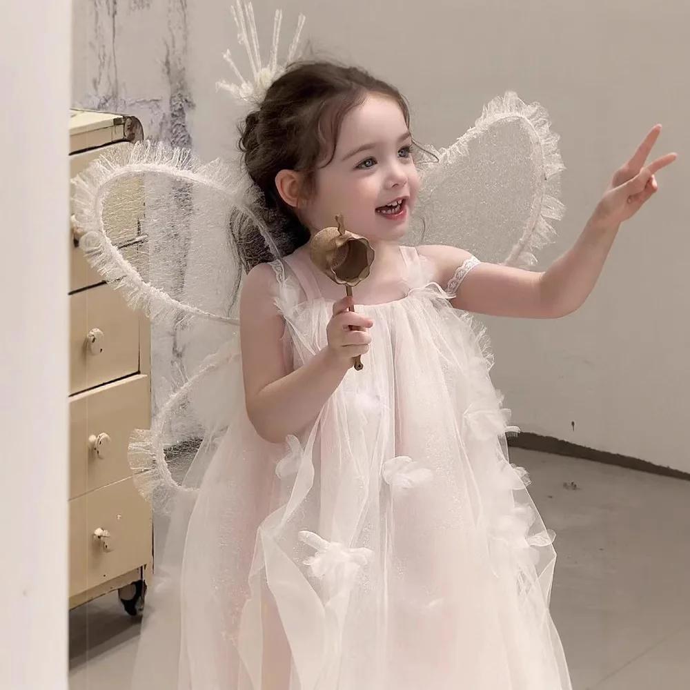

Korean Children Clothing 2025 Summer New Girls Lace Mesh Three-dimensional Flower Princess Dress Baby Birthday Camisole Dress