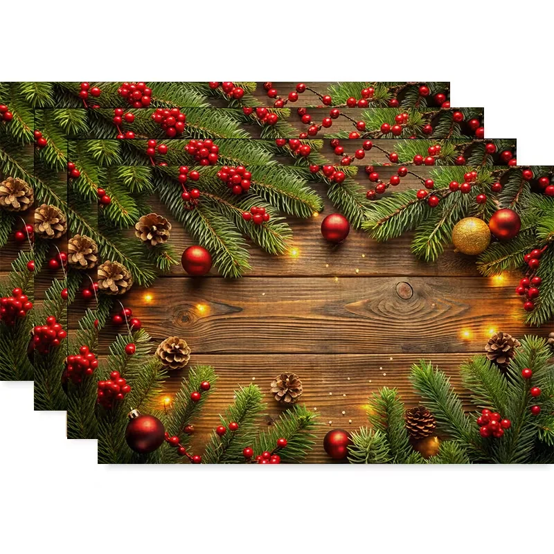 Christmas Pine Branch Berry Wooden Background Printed Table Mats Winter Holiday Decorative Placemats for Dining Table Kitchen