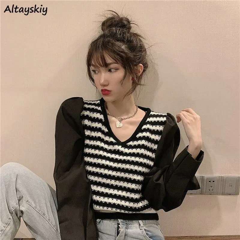 

Pullovers Women Striped All-match Daily Korean Style Autumn Sweet Casual Vintage Tender Delicate Ladies Simple Cozy Temperament