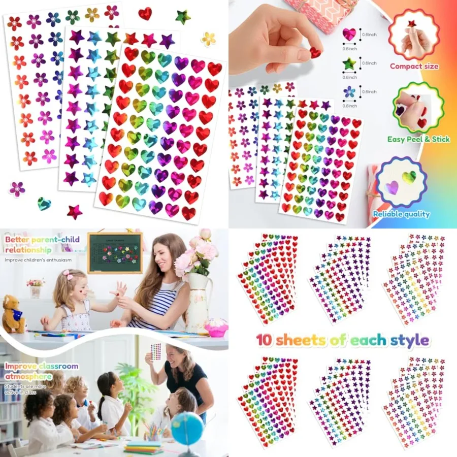 

1620 Holographic Stickers for ' Rewards: Shiny Small Stars Flowers and Hearts 0.6 Ideal for School and Classroom Use Perfect fo
