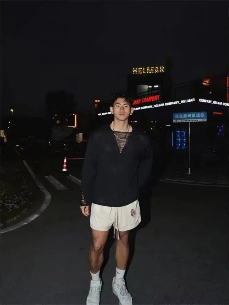 Autumn Winter Men's Knitting Sweater Thin Hollow Out Knit Sweater Deep V Neck Pullover Alluring Destructive Design Upper Garment