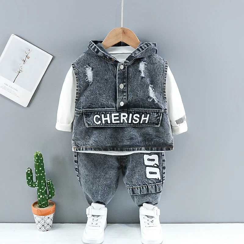 Baby boy clothes spring autumn fashion ripped denim suit letter denim jacket hooded vest + bottoming shirt + pants 3-piece set