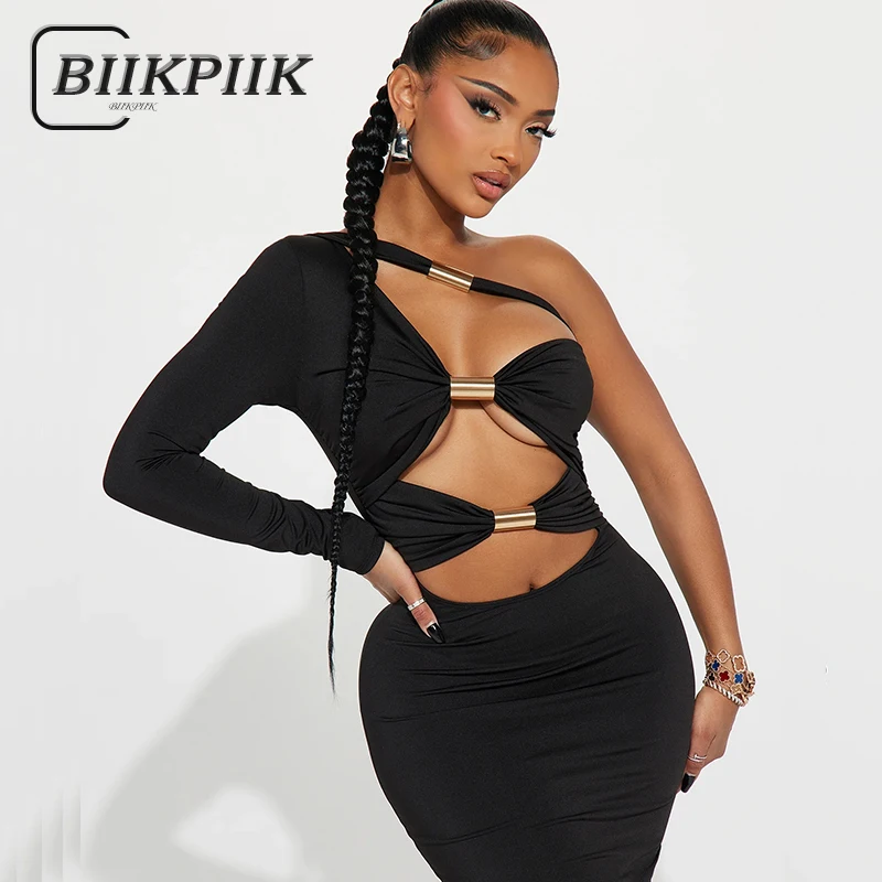 

BIIKPIIK Hollow Out Metal Buckle Sexy Dress Fashion One Shoulder Women Bodycon Evening Party Dress Clubwear Skinny Gowns Summer