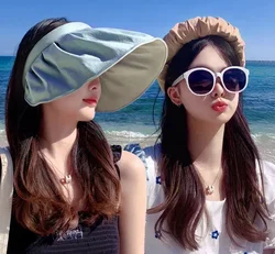New Large Brim Sun Hats Black Women Glue Sunscreen Sun Protection Caps Fold Portable Hair Hoop Women Hats Caps