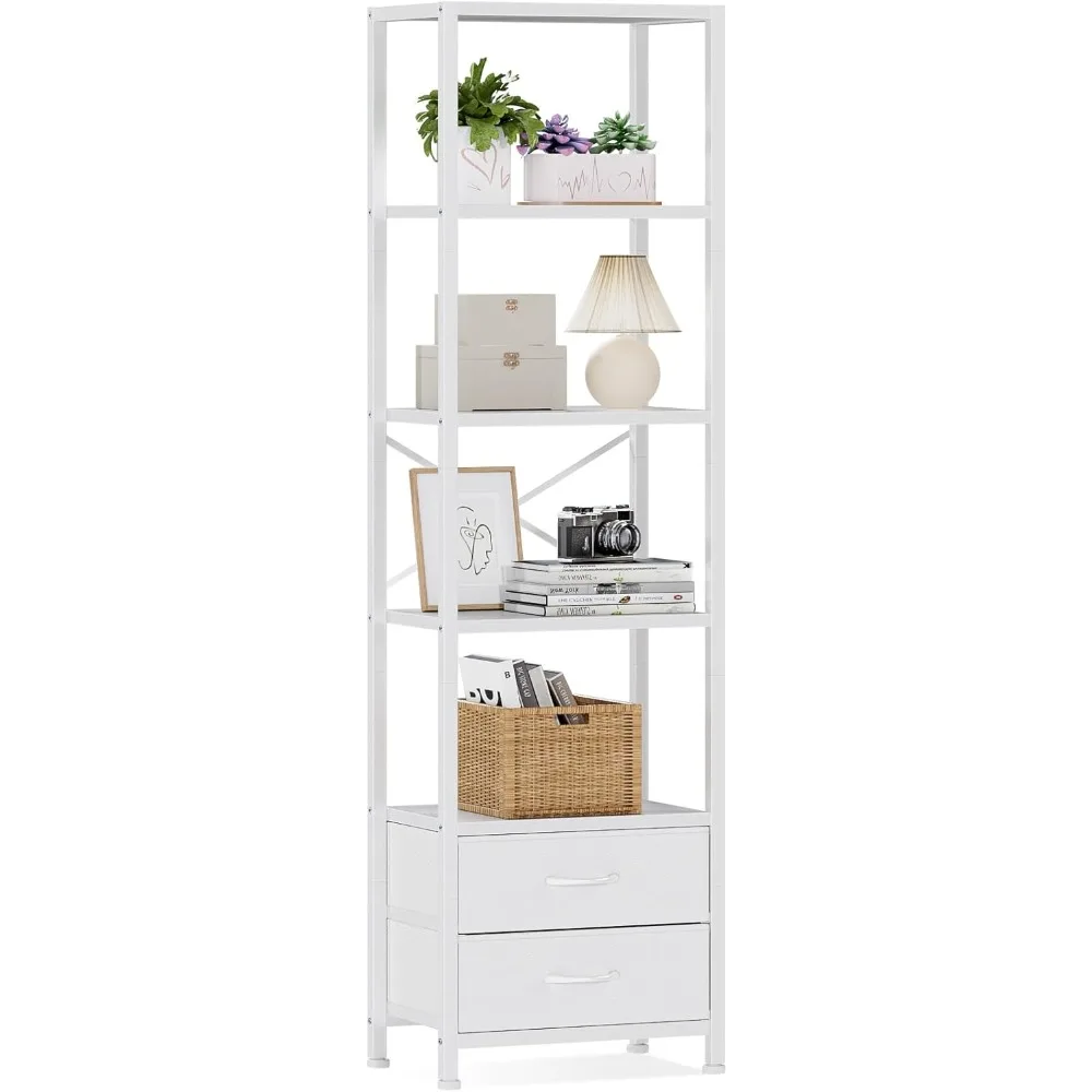 Furnulem 5-Tier Corner Shelf, Narrow Bookshelf with 2 Storage Drawers, Tall Bookcase, Wood Display Standing Shelf Organizer Unit
