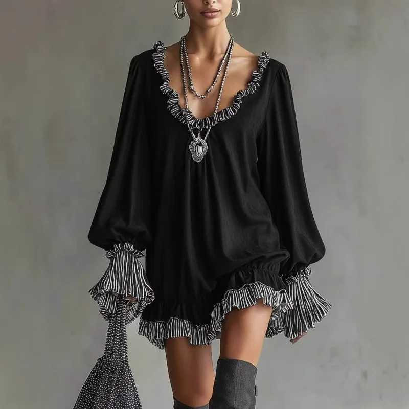 

2026 Short Princess Temperament Thin Dress with Wooden Ear Edge Black Retro Skirt
