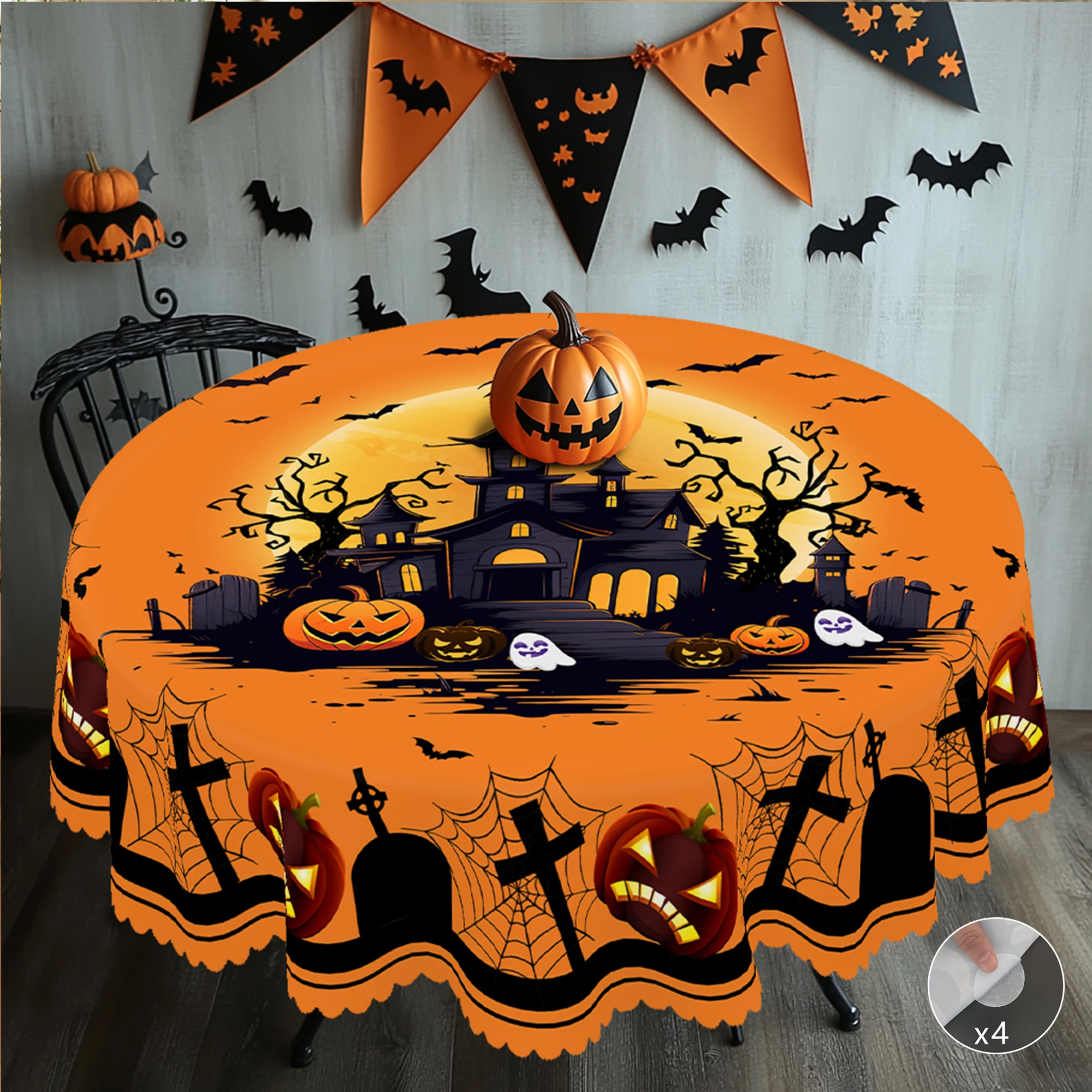 1 Halloween Themed Printed Tablecloth, Castle, Moon, Pumpkin, Ghost Pattern Design, Multiple Sizes Available, for Garden Party, Camping Style Decoration, Kitchen Accessories, Restaurant Terrace, Indoor and Outdoor Tablecloth, Perfect Gift for Friends