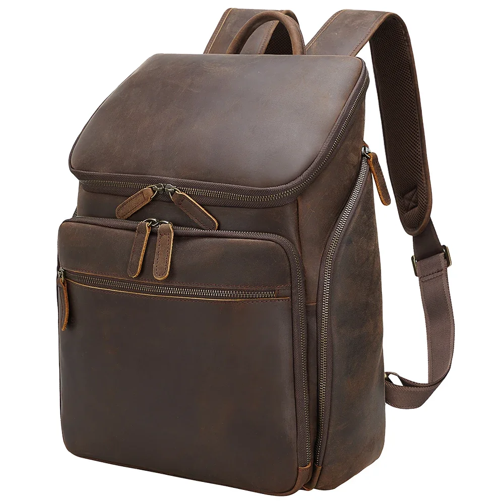 High Quality Classic design Dark Brown Male Genuine Leather Back Pack Bag 15.6 Inch Laptop Backpack 