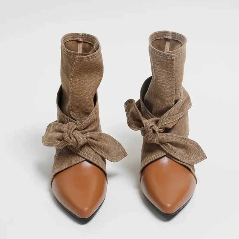 Vintage Patchwork Bowknot Women Ankle Boot Pointed Toe Internal Elevation Shoes 2027 Spring Autumn Casual Short Botas Mujer