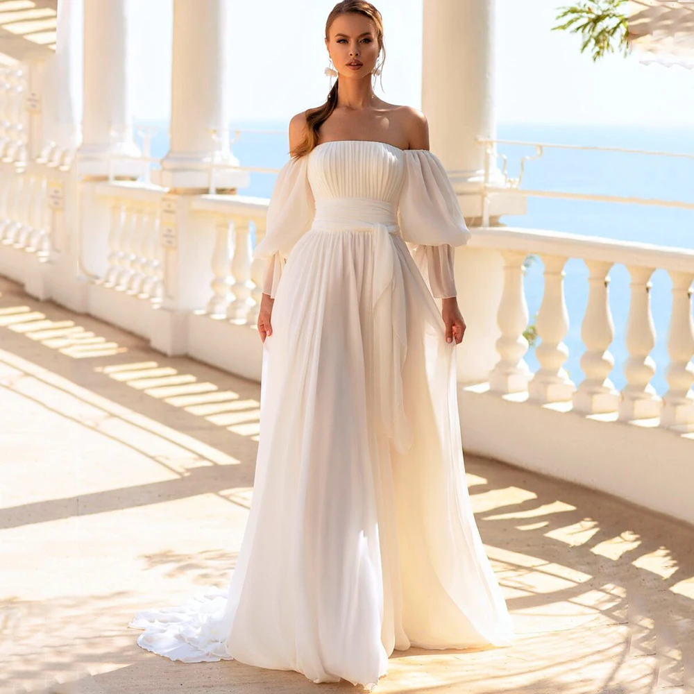Bridal Chiffon Pleat A-Line Wedding Dress Strapless Off the Shoulder Puff Three Quarter Bride Backless Lace Up Sweep Train Gowns