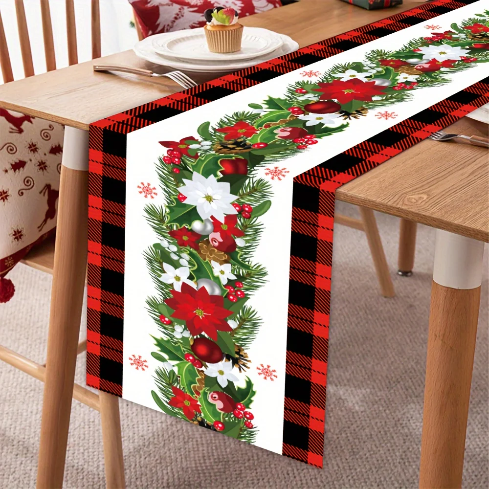 Merry Christmas Poinsettia Flower Linen Table Runner for Table Decor Winter Xmas Pine Needle Table Runners Christmas Decorations