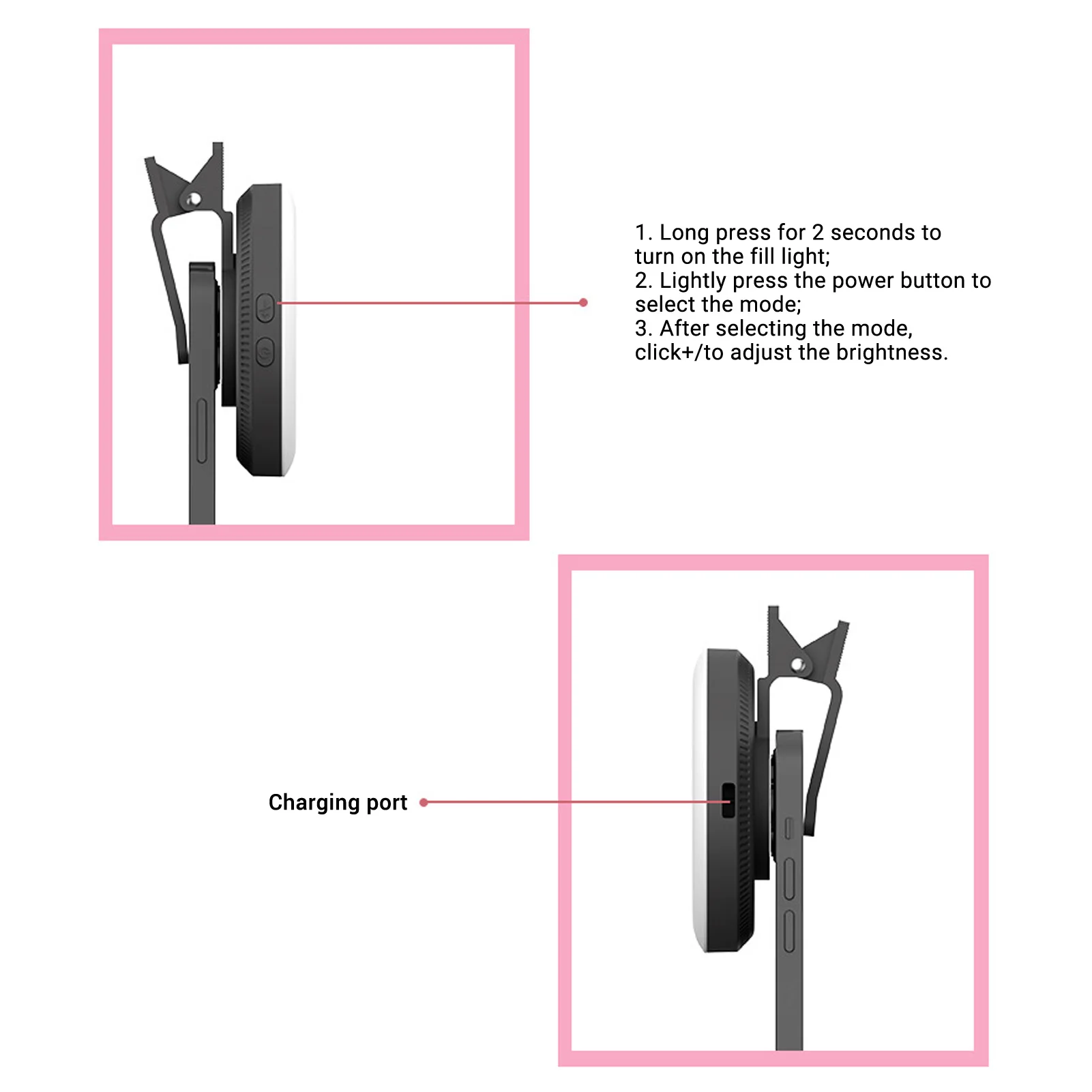 Lente Macro 15X Luz de relleno LED Abrazadera estable ABS 3000K-6500K Luz LED para teléfono 5 niveles de brillo 240mAh para grabación de vídeo