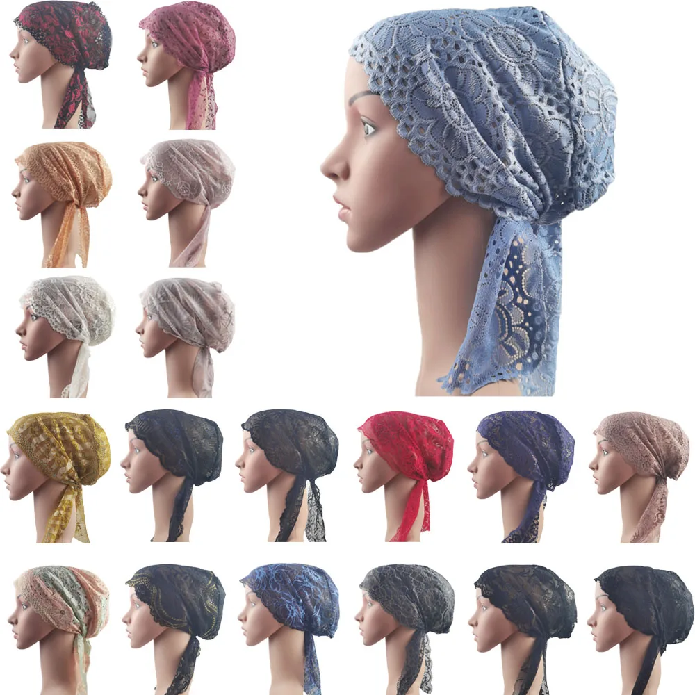 Hijab elástico para mulheres muçulmanas, lenço de cabeça, flor de renda, lenço, capa headwrap, boné chemo, headband islã, gorro