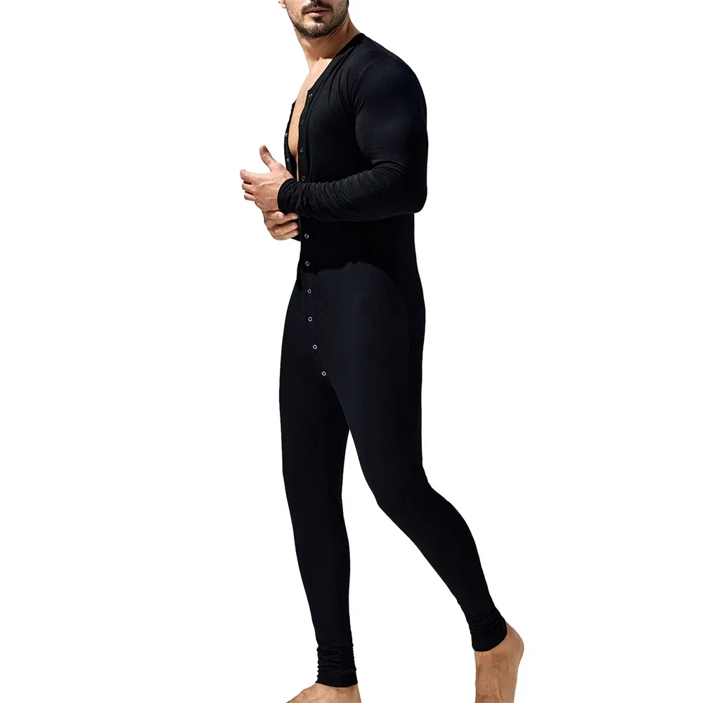 

Мужские однотонные комбинезоны для взрослых на пуговицах, удобное боди с длинными рукавами, цельная пижама, одежда для сна для отдыха, мужской комбинезон, длинные комбинезоны