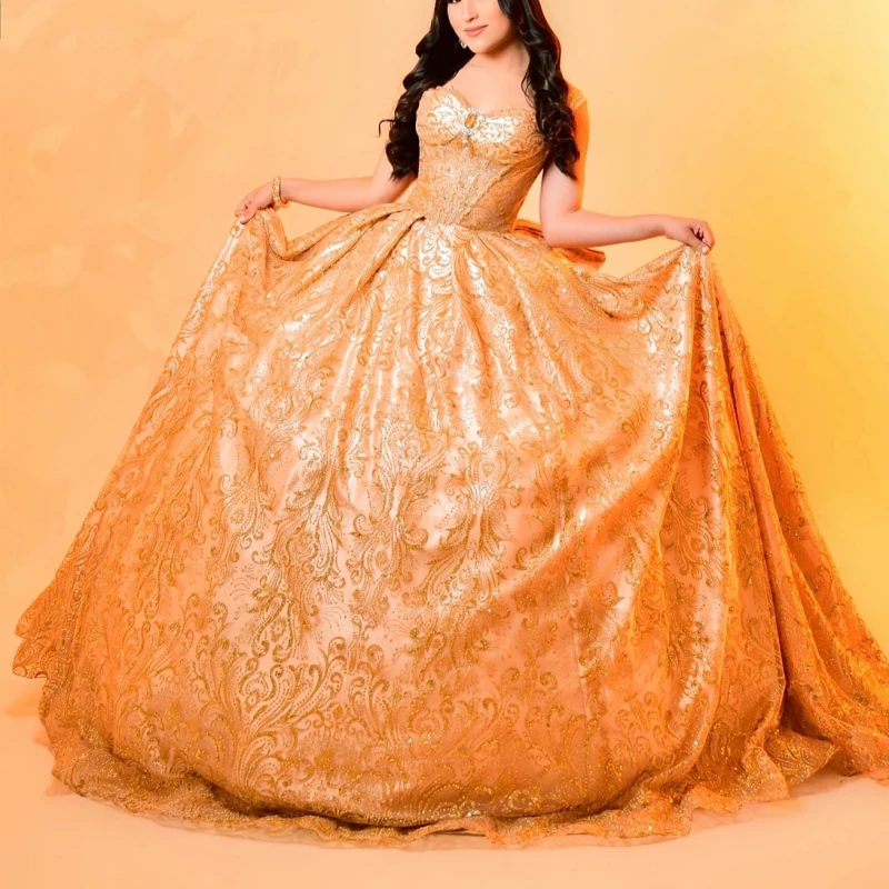 

Champagne Shiny Quinceanera Dresses Off The Shoulder Sequin Applique Lace Beading Crystal Bow Tull Party Birthday Sweet 16