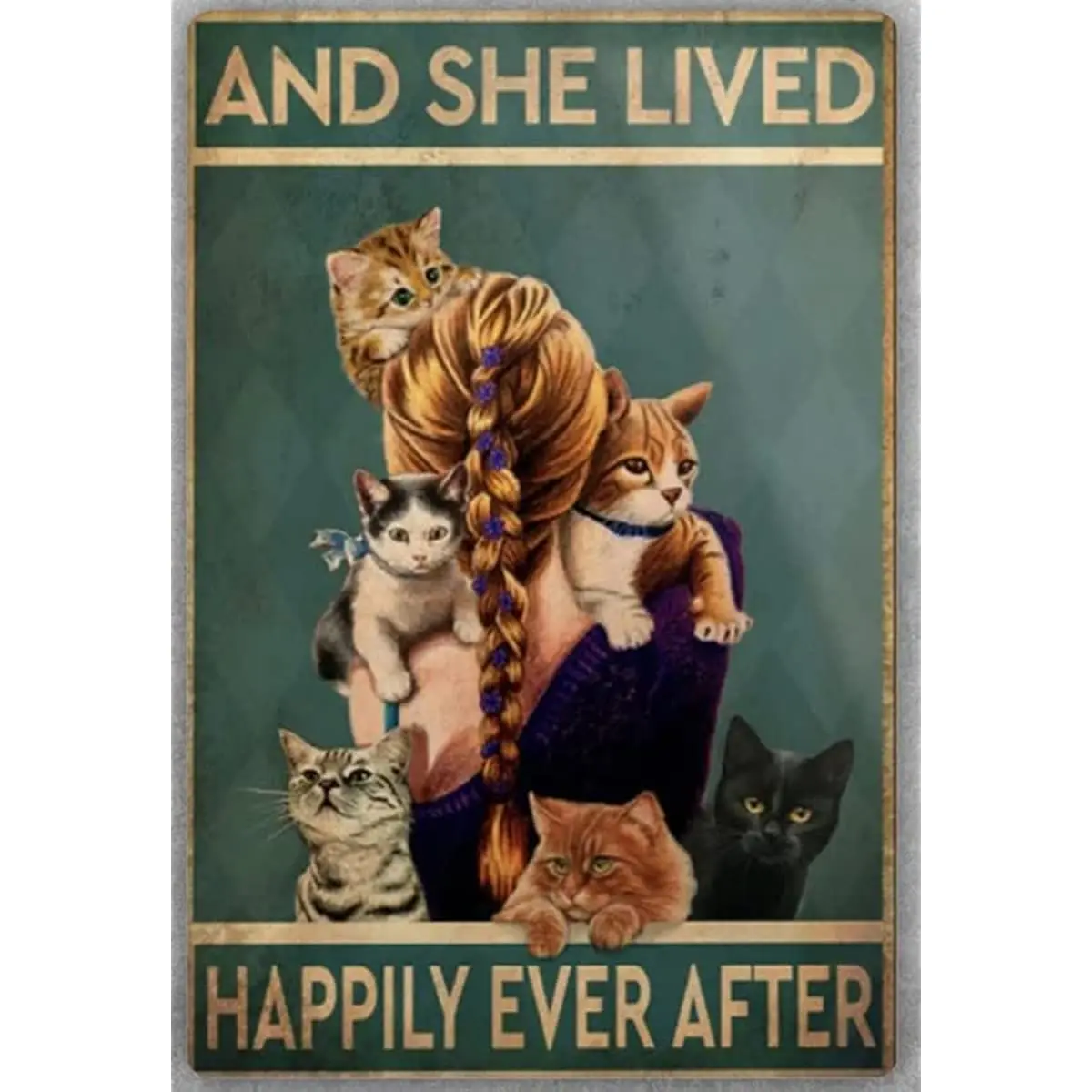 Metal Tin Sign Wall Decor Cat Hippie Girl Family And She Lived Happily Ever After for Plaque Poster Cafe Wall Art Gift