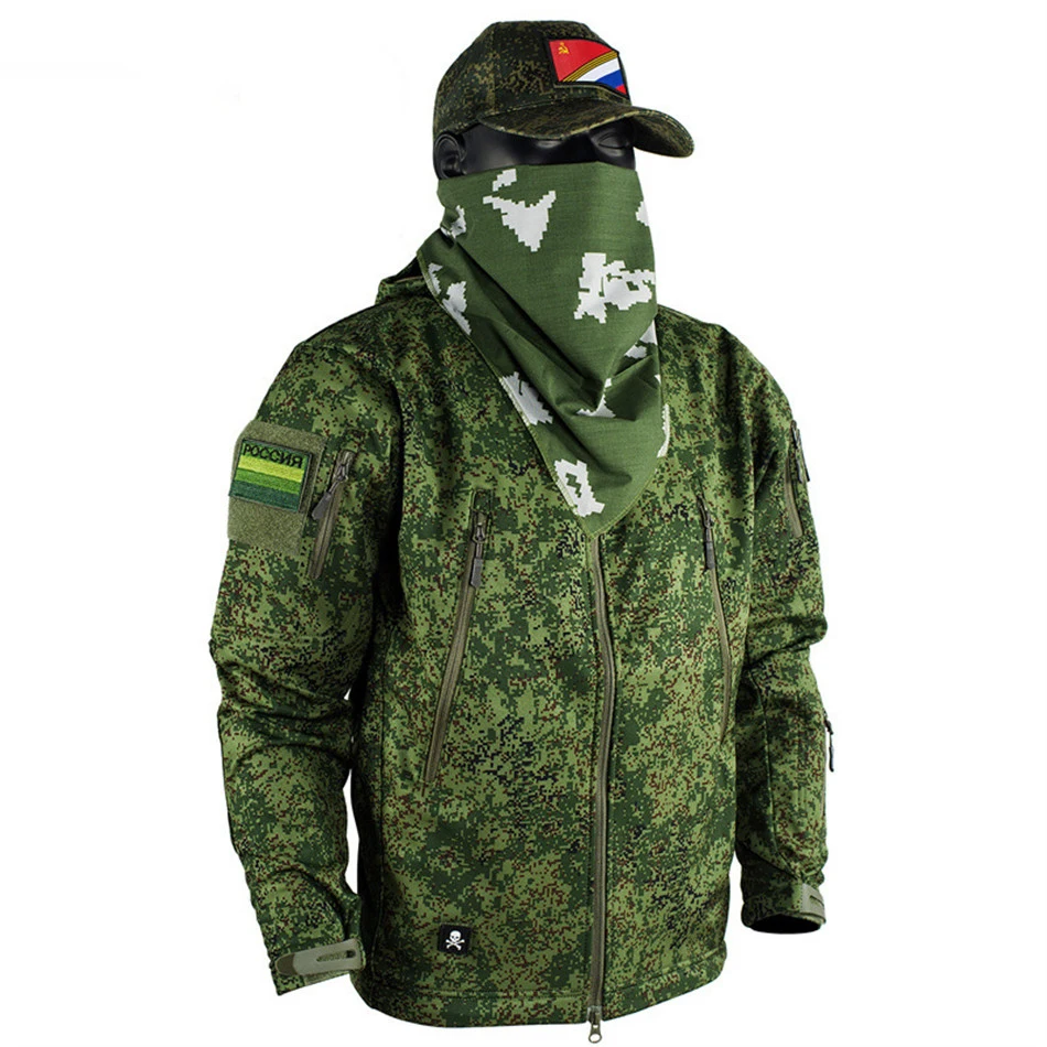 Russian Camo Combat Tactical Military Uniform Outdoor Shark Skin Waterproof Windproof Soft Shell Plus Fleece Jacket Pants Set