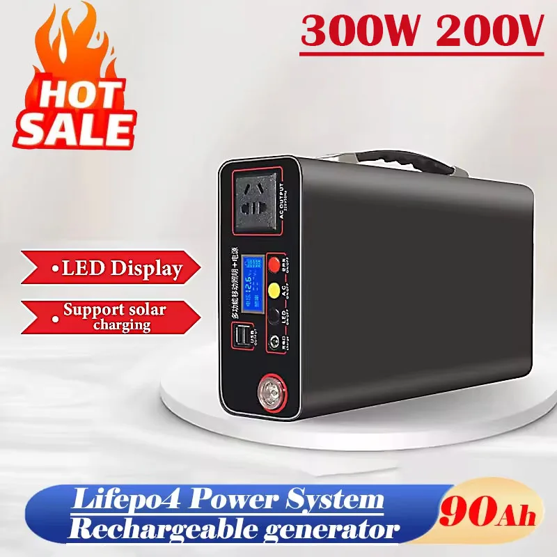 Banque d'alimentation extérieure portable avec affichage LED, système d'alimentation Lifepo4, générateur de charge, sauvegarde de charge d'urgence domestique, 220V, 300W, 90Ah