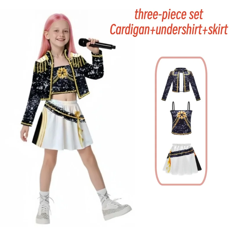 زي Zoey Rumi Mira للمسرح للأطفال، زي تنكري للفتيات باللون الأسود لحفلات الهالوين، مجموعة ملابس تنكرية مطبوعة #3