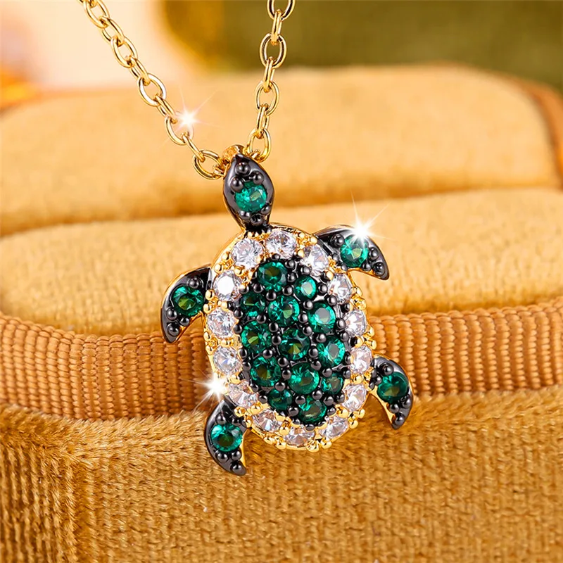 Cute Female Green Turtle Animal Pendant Necklace Vintage Yellow Gold Color Wedding Jewelry Gift For Women