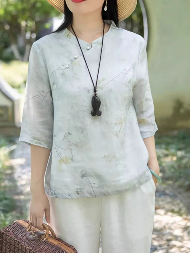 

New Chinese Sle National Trend Improved Cotton Linen Top Women Summer High End Retro Oblique Flap Buttoned irt