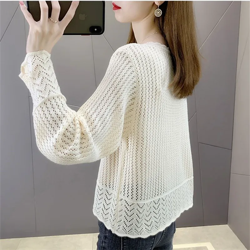 Spring Autumn New Sweaters Solid Color Round Neck Long Sleeve Loose Hollow Out Knitting Pullovers Women Thin Style Pockets Tops