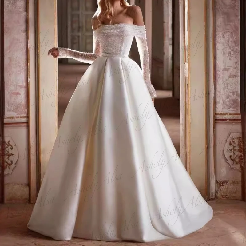 Abiti da sposa personalizzati a maniche lunghe per le donne con spalle scoperte gonna gonfia in raso abito da sposa taglie forti vestido de noiva casame