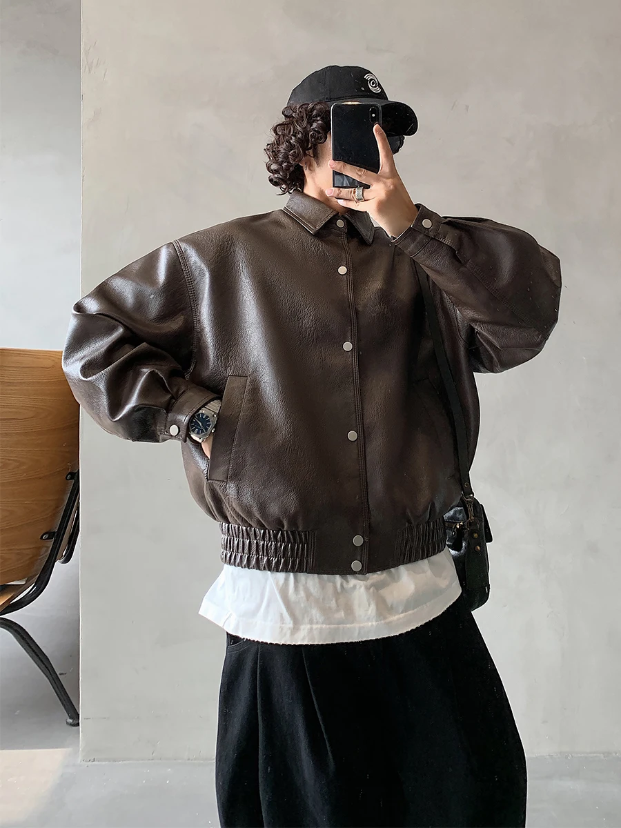 

XHZD Retro Mellarad Biker Jaet Men's Sli ort PU Leather Coat Loose Fit Long Sve Vintage Sle Youth Faion Top
