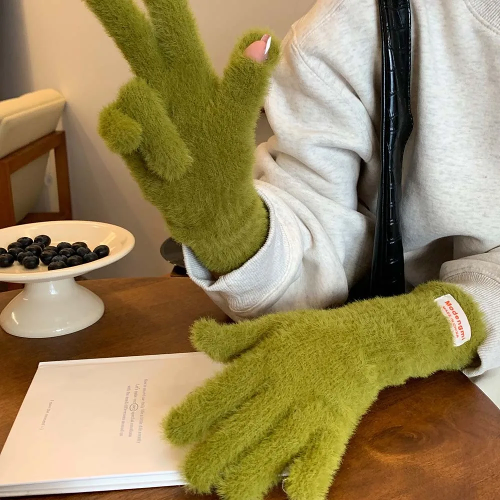 Y2K Soft Plush Finger Gloves Touch Screen Windproof Candy Color Gloves Faux Rabbit Hair Thickened Anti-cold Mittens Autumn