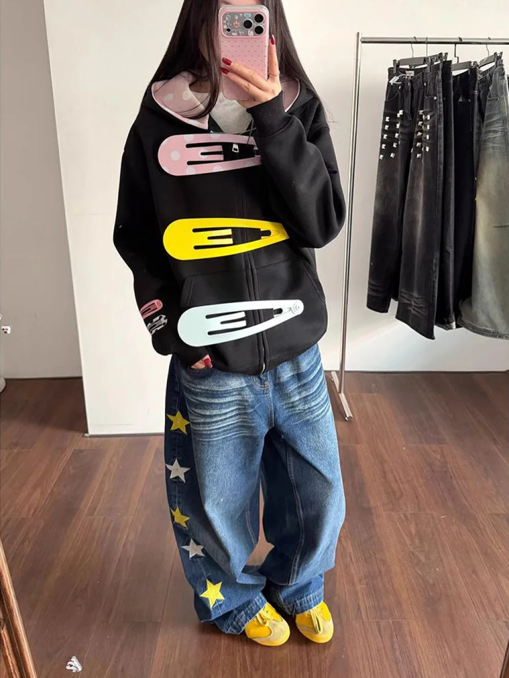 2026 New Autumn/Winter Retro Cute Large Hairpin Zipper Hoodie Unisex Polka Print Hat Casual Street Trendy Versatile and Niche
