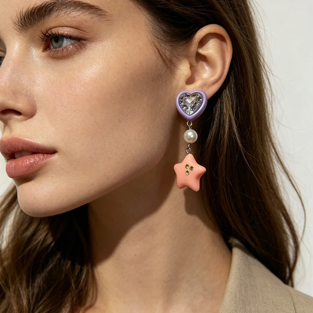 New Cute Love Heart Drop Earrings For Girls Trendy Lovely Acrylic Resin Pearls Star Shaped Dangle Earrings Accessories
