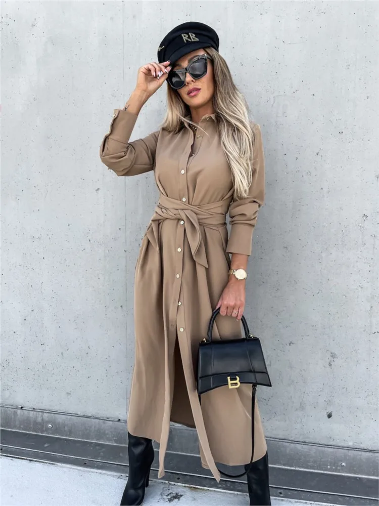 

Elegant Women 2025 Autumn Long Sleeve Sundress Robe 2025 Fashion Dress Casual Solid Color Lace Up Long Vestidos Fashion Clothing