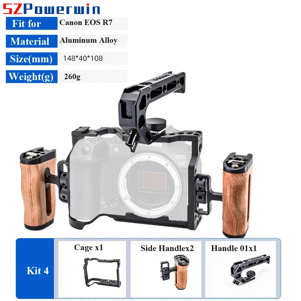 Powerwin Camera Cage For Canon EOS R7 with wooden Handgrid Handle Kit Aluminum Alloy Multifunctional Arri Locating Screw